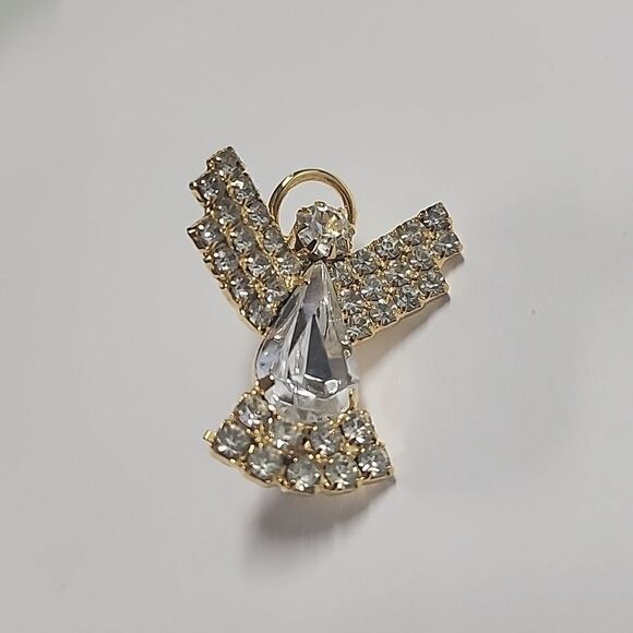 Vintage Clear Rhinestone Guardian Angel Gold Tone Lapel Pin - Picture 1 of 4